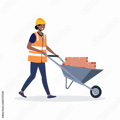 Construction worker pushing wheelbarrow with bricks