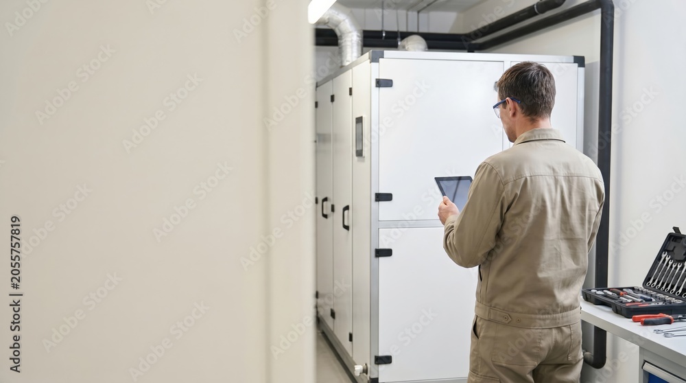 Fototapeta premium Male HVAC Technician Inspecting Industrial Ventilation Unit with Tablet in Mechanical Room for Maintenance Check