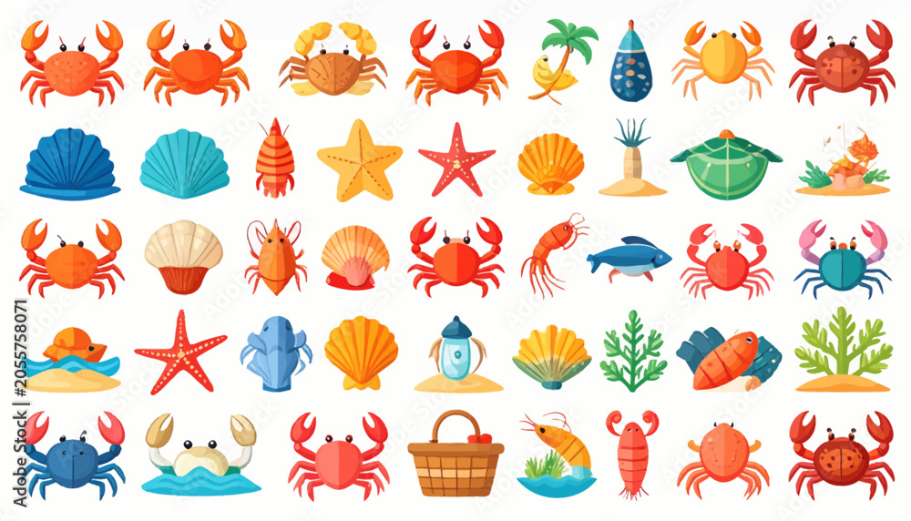 Obraz premium Collection of vibrant marine life vector icons featuring various crabs seashells starfish shrimp and colorful underwater sea creatures in flat design