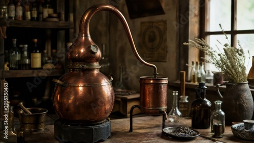 Vintage copper alembic still on a wooden workbench in an alchemist's workshop with a blurred background.