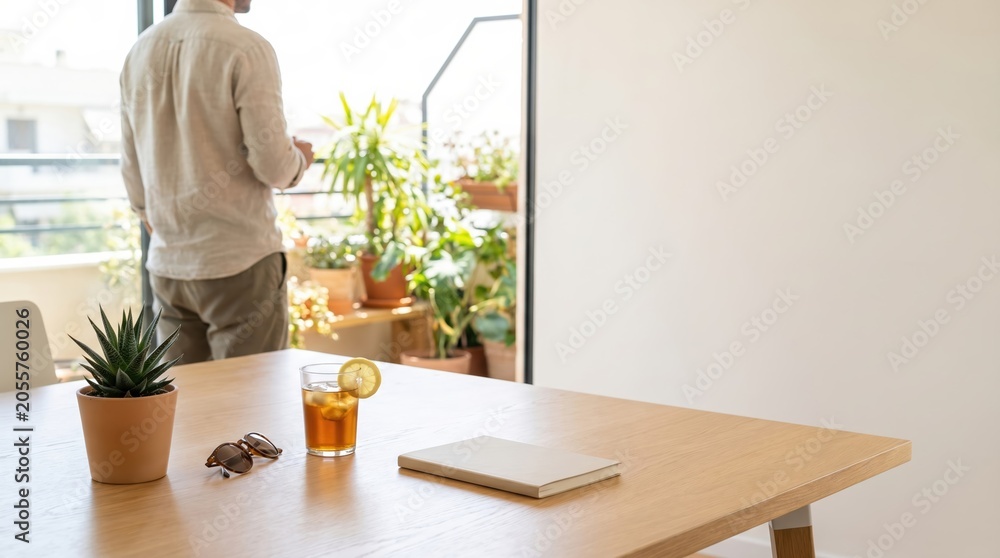 Obraz premium Man standing on balcony looking at view with iced tea and notebook on table for remote work or slow living concept