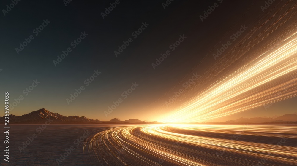 Fototapeta premium Light trails move across the desert horizon, symbolizing many journeys merging toward one destination as the sun sets behind mountains.