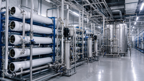 Industrial water purification and filtration system with stainless steel pipes and pressure tanks in modern manufacturing facility
