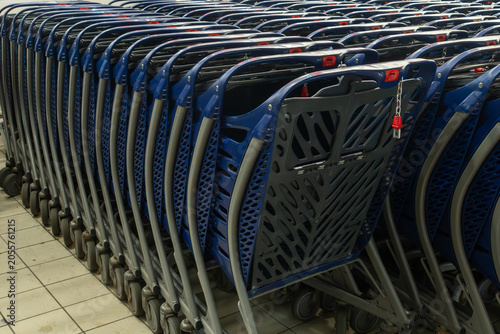 Schilderij op canvas Neat rows of empty blue shopping carts stand in a supermarket terminal floor