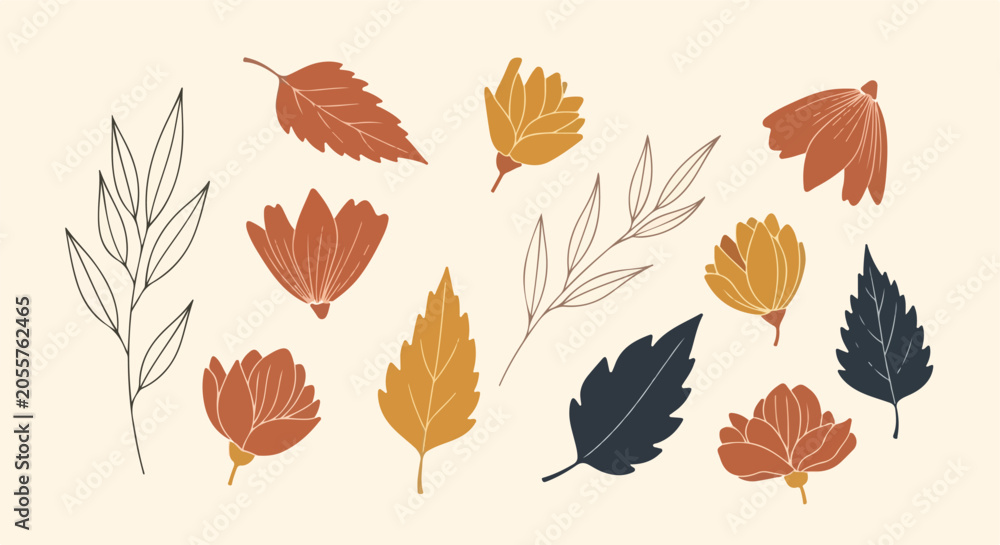 Fototapeta premium Autumn Leaves and Flowers. Botanical Illustration. Hand-drawn Style. Textured. Vector Elements.