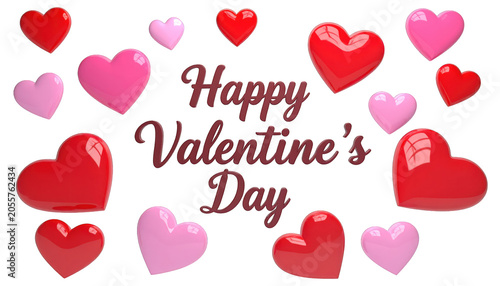 Happy Valentine's Day greeting card with floating red and pink 3D glossy hearts on a white background