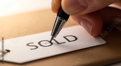 Closeup of a hand holding a pen and marking the word sold on a white price tag
