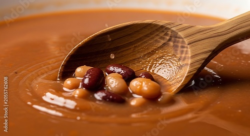 Closeup of a wooden spoon scooping beans from a bowl of thick, savory bean soup