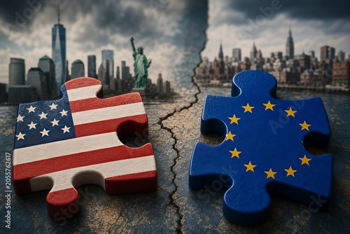 Disconnected Puzzle Pieces Symbolize Geopolitical Disputes and Tensions Between USA and European Union.