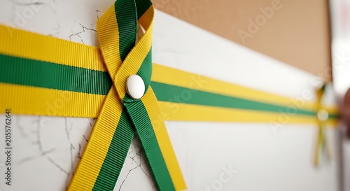 Green and yellow ribbon pinned on a white marble surface, closeup view of a decorative craft project