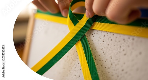 Closeup of hands arranging a green and yellow striped ribbon into a awareness loop shape on a textured white surface