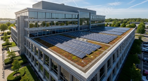 Aerial view of modern office building rooftop with solar panels in urban environment