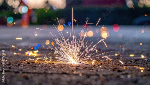 Sparkling Firework on Ground at Night.