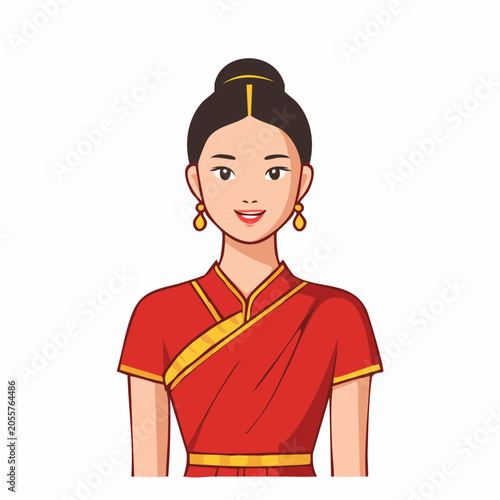 Cartoon Woman in Traditional Red and Gold Asian Dress