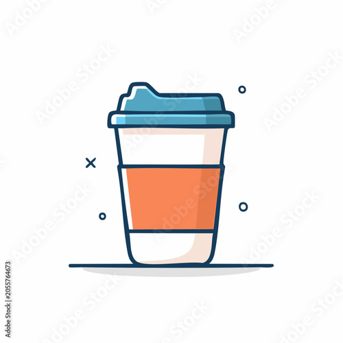 Stylized illustration of a disposable coffee cup with a blue lid and orange sleeve