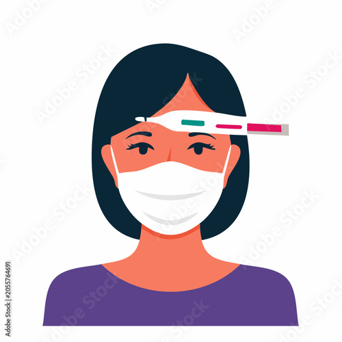 Woman with Face Mask and Thermometer on Forehead
