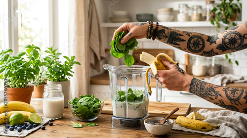 Tattooed hands preparing a healthy green smoothie with spinach banana and blueberries in a modern kitchen