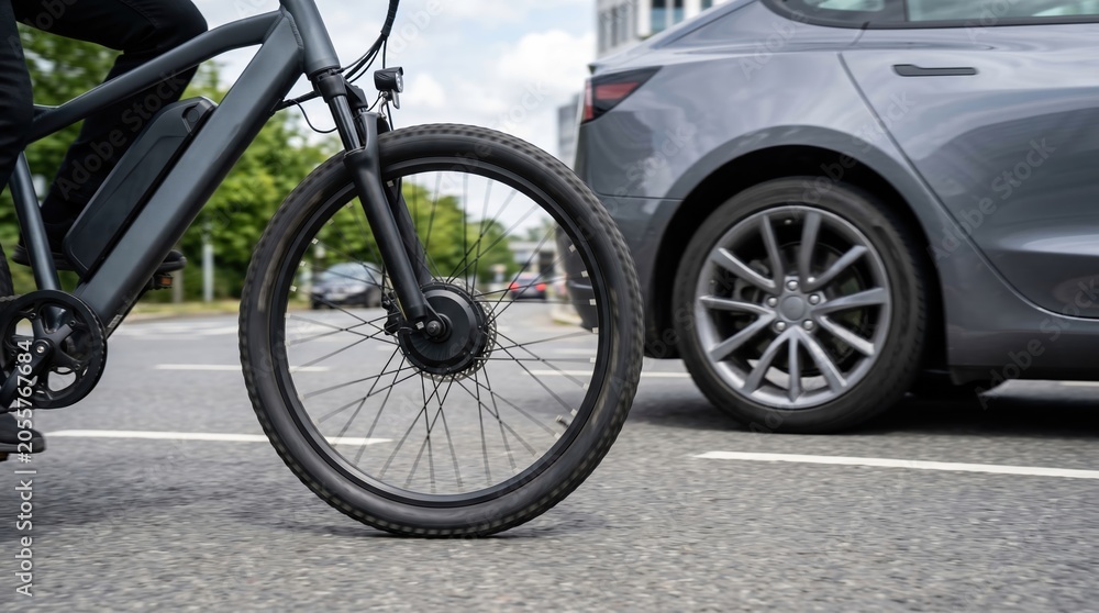 Obraz premium Electric bicycle riding on city street next to car representing urban mobility and sustainable commuting solutions