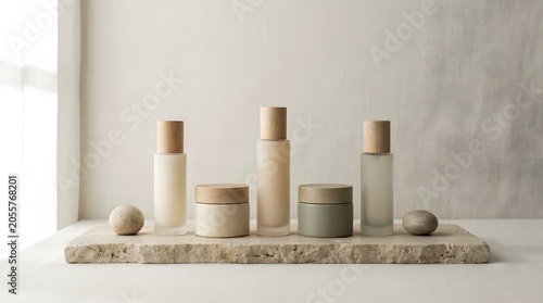 Minimalist Ceramic Bottles and Jars on Stone Tray