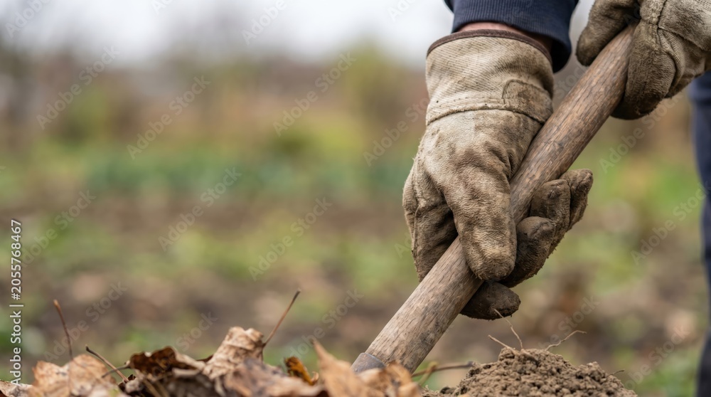Obraz premium Gardener digging soil with shovel in autumn garden, close up of hands in work gloves preparing ground for planting or seasonal maintenance