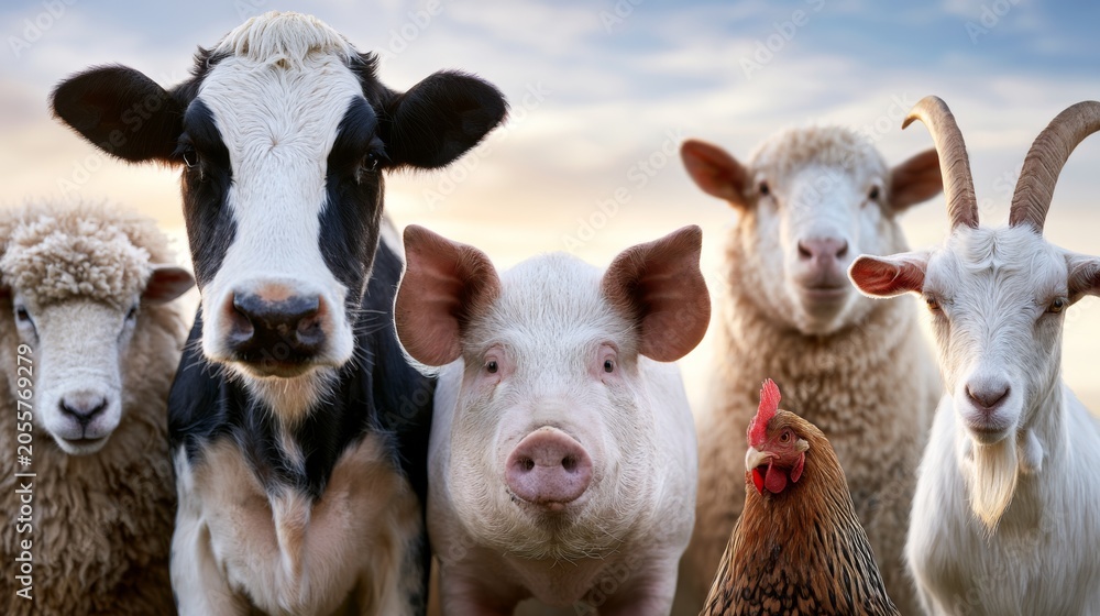 Obraz premium Farm animals gather in countryside under sunny skies with a cow, sheep, pig, chicken, and goat in the rural landscape