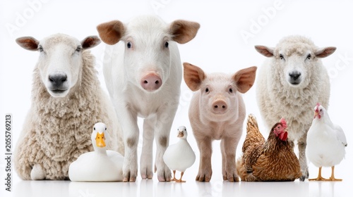 Farm animals standing together on a clean white background showcasing cow, sheep, pig, duck, and chickens in vivid detail