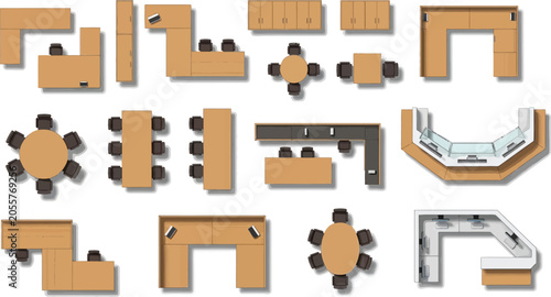 Office furniture top view set including desks tables chairs and workstations for interior design planning and architectural floor plan layouts