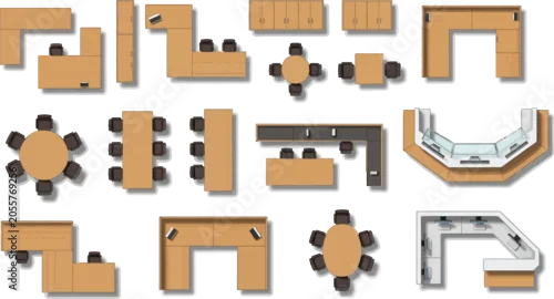 Obraz Office furniture top view set including desks tables chairs and workstations for interior design planning and architectural floor plan layouts