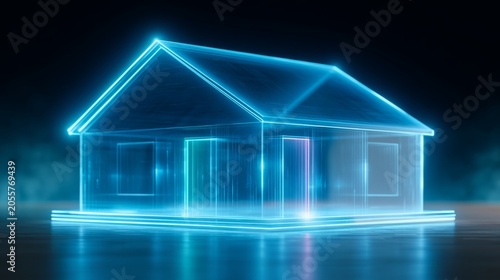 Futuristic smart house design shows glowing technology in a digital real estate setting with a cyberpunk theme