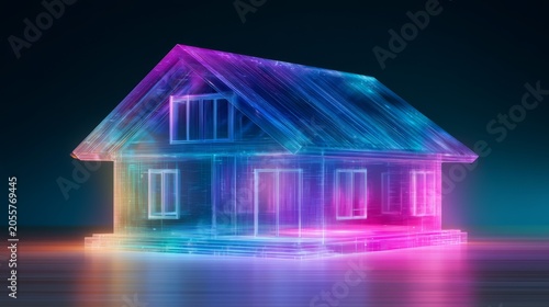 Futuristic hologram of smart house shows digital real estate in vibrant neon colors at night
