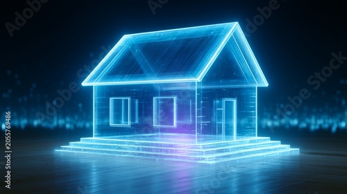 Futuristic smart house hologram displays new technology for digital real estate in a modern cyberpunk setting