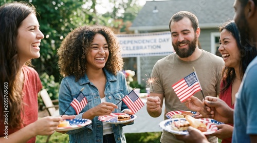 Diverse Group of Young Adult Friends Celebrating Summer Holiday with American Flags and Sparklers Outdoors