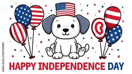 Happy puppy celebrates independence day with balloons in American flag colors and a festive design