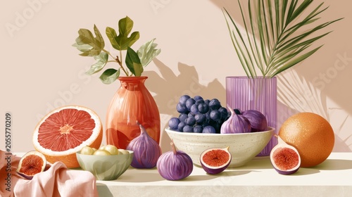 Still life of figs and fruits arranged on a table in a Mediterranean style with warm colors and a simple background