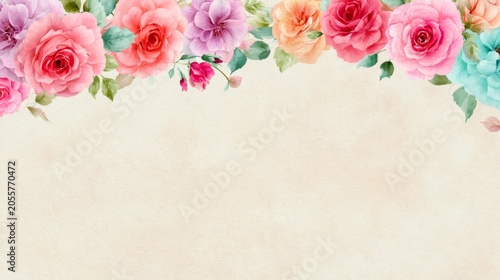Pastel floral decorative frame with roses and leaves in a romantic vintage border design featuring a watercolor aesthetic