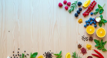 Fresh Berries Herbs and Spices Border on Wood