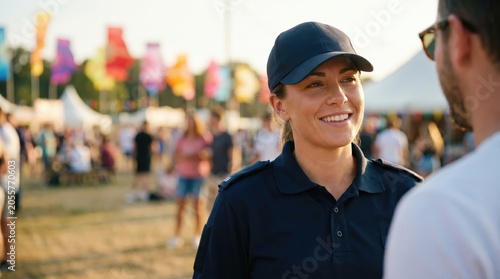 Female Security Guard Talking to Visitor at Outdoor Music Festival Event