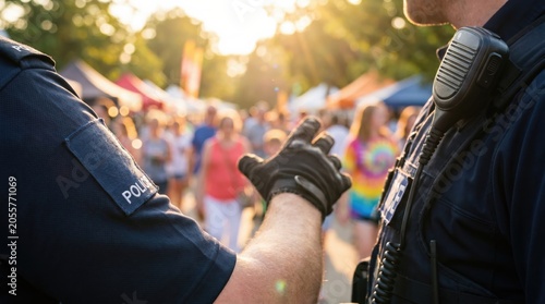 Police officers patrolling outdoor community event crowd control and public safety concept with blurred background