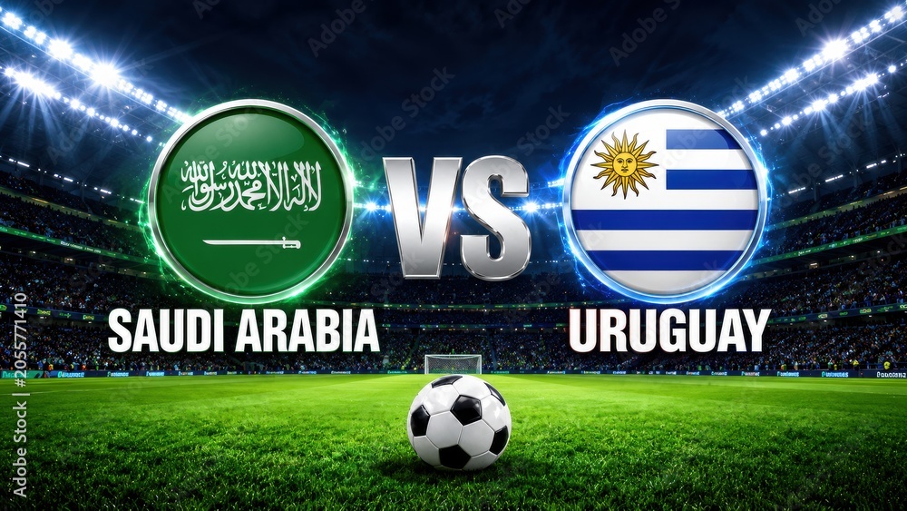 Fototapeta premium Saudi Arabia vs Uruguay Soccer Showdown Banner With Green and Blue Flag Icons