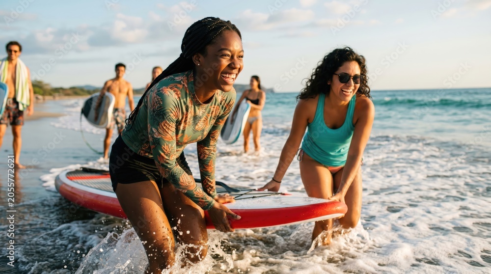 Obraz premium Diverse group of young adult friends carrying stand up paddle boards into the ocean at sunset, active lifestyle concept, tropical beach vacation, summer water sports