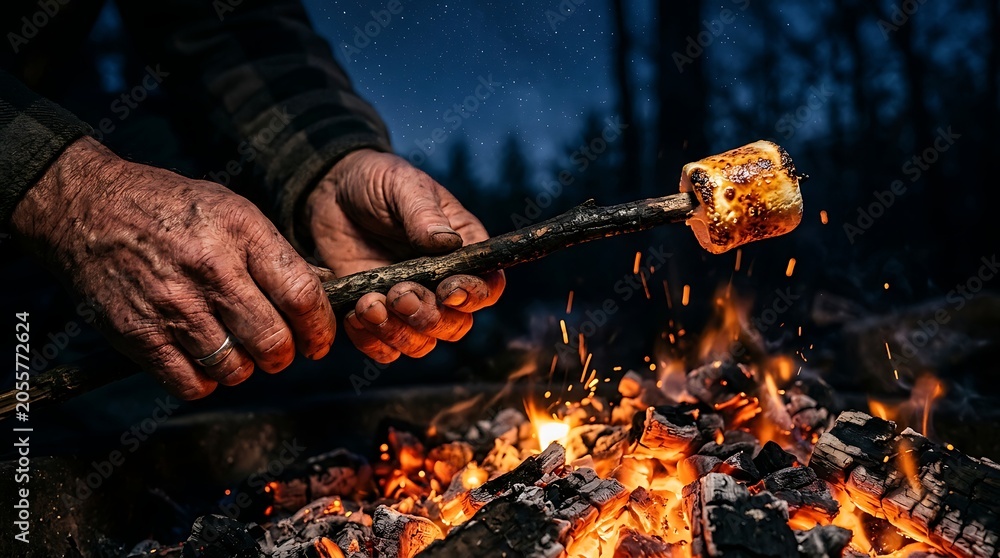 Fototapeta premium Senior hands roasting a golden marshmallow over a cozy campfire night