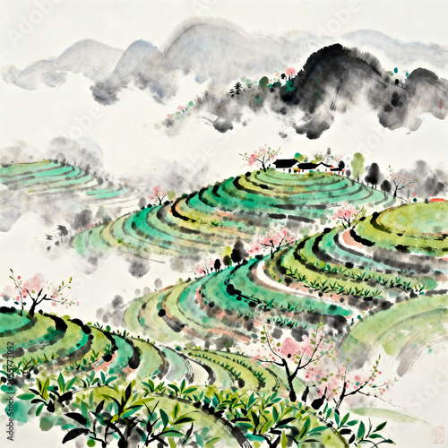 Chinese Ink Wash Painting of Tea Terraces in Spring