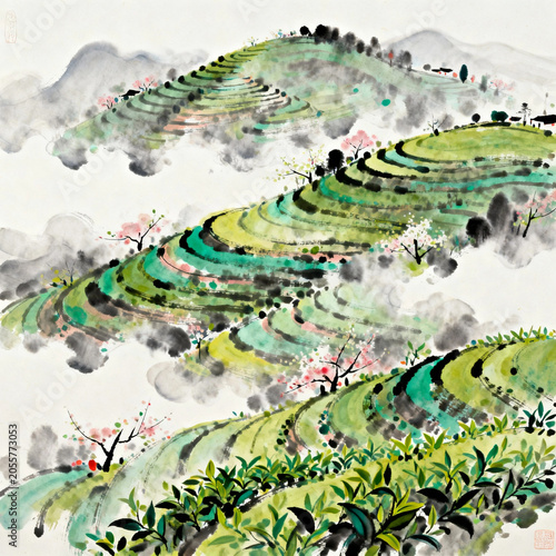 Chinese Ink Wash Painting of Tea Terraces in Spring