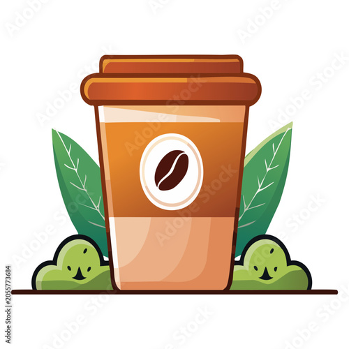 Eco Friendly Takeaway Coffee Cup with Green Leaves and Smiling Nature Elements Vector Illustration.