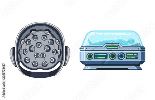 Fotografija Sci-Fi Stasis Pod and Mind Control Helmet Vector Icons for Future Technology Con