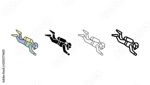 Bilde på lerret Four scuba divers in different colors and line styles diving down  scuba diving