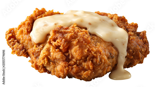 Crispy country fried chicken topped with rich cream gravy, golden brown and freshly prepared, isolated on a white background.