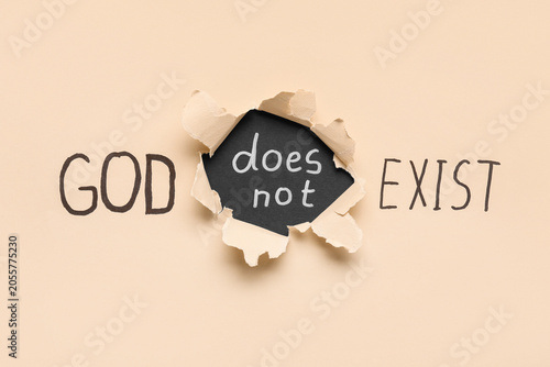 Quadro su tela Atheism and agnosticism with god does not exist message on torn paper, religio