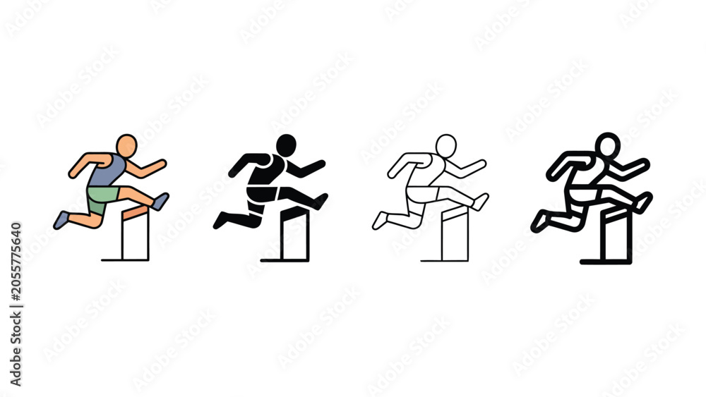 Fototapeta premium Four different colored line icons of athletes jumping over hurdles side by side