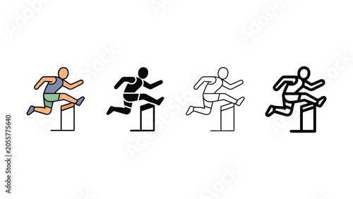 Foto Four different colored line icons of athletes jumping over hurdles side by side